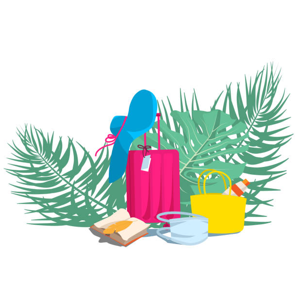 istock Face mask  to protect against coronavirus while traveling. Set of travel items on tropical leaves background isolated on white background. Safety concept on vacation. 1211287525