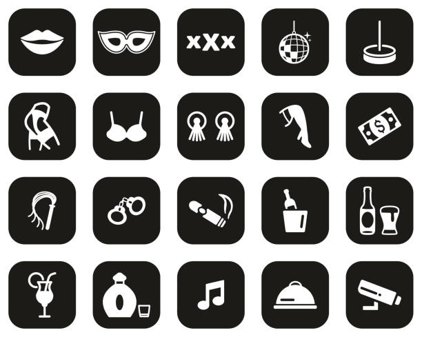 Strip Club Icons White On Black Flat Design Set Big This image is a vector illustration and can be scaled to any size without loss of resolution. black pole dancers stock illustrations