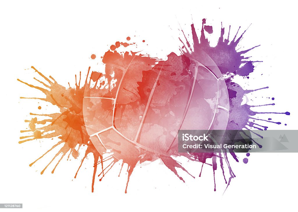 Orange, red, and purple splattered paint image of volleyball Volleyball Ball in Watrcolor Isolated on White Background. Volleyball - Sport stock illustration