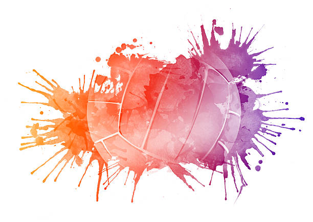 Orange, red, and purple splattered paint image of volleyball Volleyball Ball in Watrcolor Isolated on White Background. volleyball ball stock illustrations