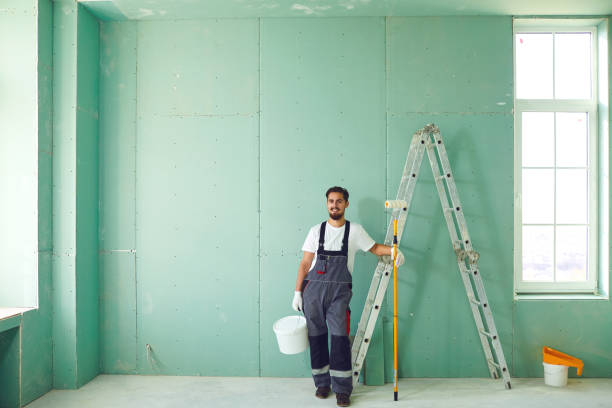 pintor barbudo operário de construção em um canteiro de obras. - paint brushing house painter wall - fotografias e filmes do acervo