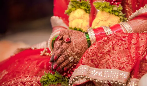 Photo of Beautiful photo of Indian bride in traditional wedding attire as per Hindu custom, wearing colorful bangles in hands decorated with henna mehndi is sitting with folded hands in her marriage ceremony.
