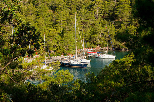Sailboats moored in Sarsala Bay, Gocek, Turkey stock photo