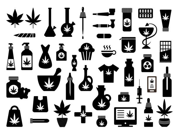 cannabis Cannabis silhouette set. Marijuana plant and oil for medical use. Weed legalisation. Leaf, pills, bong, hookan, cigarette, dog treatment, delivery. bong stock illustrations