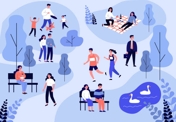 People walking in park, jogging and eating at picnic People walking in park, jogging and eating at picnic flat vector illustration. Family playing with dog. Couple sitting at bench near pond and looking at swans. Summer and leisure concept eating illustrations stock illustrations