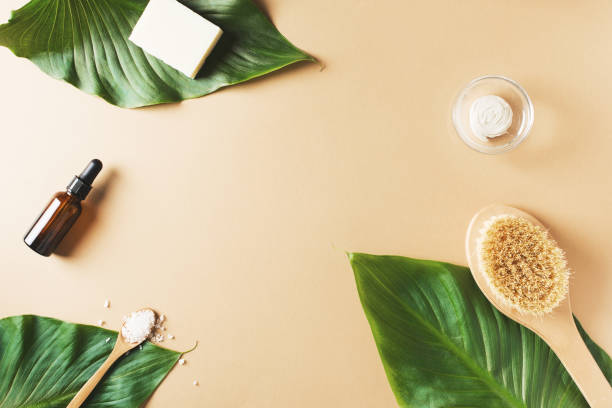 istock Natural fresh organic cosmetic flat lay with leaves 1211294144