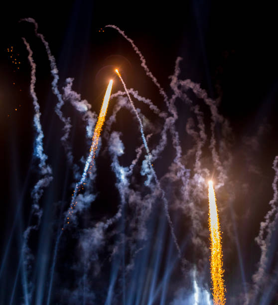 istock Colorful fireworks on the black sky background. 1211294432