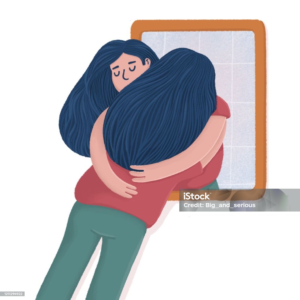 Woman hugging with her reflection in the mirror, self-acceptance, self care concept, flat raster illustration. Young woman hugging, embracing her reflection, metaphor of unconditional self acceptance Mirror - Object stock illustration