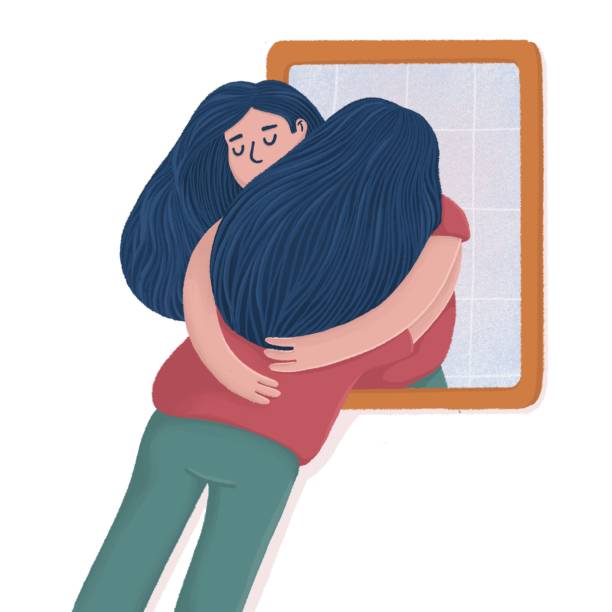 Woman hugging with her reflection in the mirror, self-acceptance, self care concept, flat raster illustration. Young woman hugging, embracing her reflection, metaphor of unconditional self acceptance Woman hugging with her reflection in the mirror, self-acceptance, self care concept, flat raster illustration. Young woman hugging, embracing her reflection, metaphor of unconditional self acceptance woman mirror stock illustrations