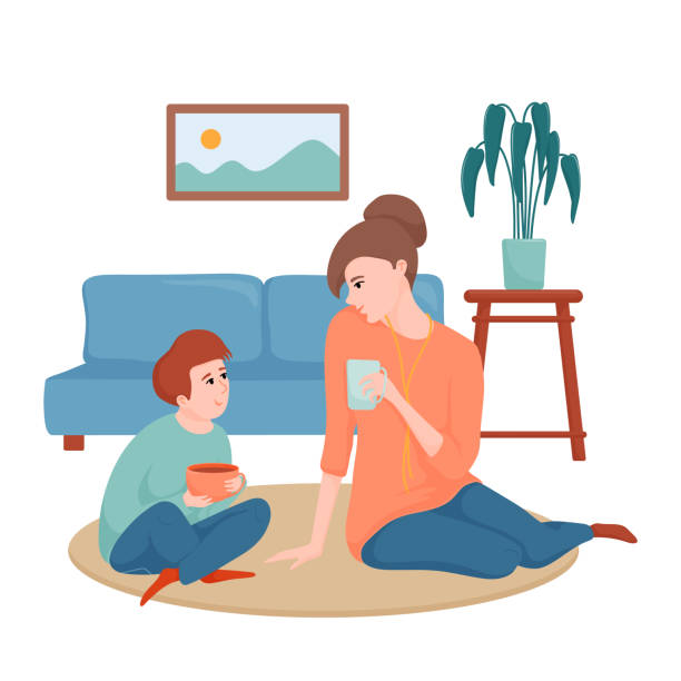 Happy mother and son sitting on the floor in the living room, drinking tea and talking, spending time together, flat cartoon vector illustration isolated on white background. Mom and son drinking tea Happy mother and son sitting on the floor in the living room, drinking tea and talking, spending time together, flat cartoon vector illustration isolated on white background. Mom and son drinking tea son stock illustrations