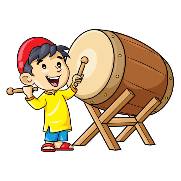 Cartoon boy playing bedug drum Illustration cartoon of cute a boy playing bedug drum. bedug stock illustrations
