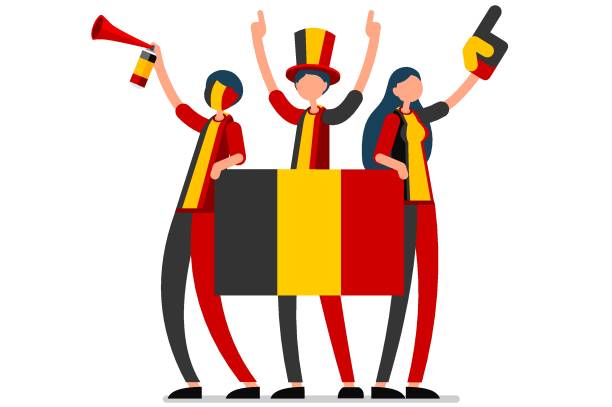 Belgian Flag Belgium People Day Crowd of persons celebrate national day of Belgium with a flag. Belgian people celebrating a football team. Soccer symbol and victory celebration. Sports cartoon symbolic flat vector illustration men watching soccer game stock illustrations