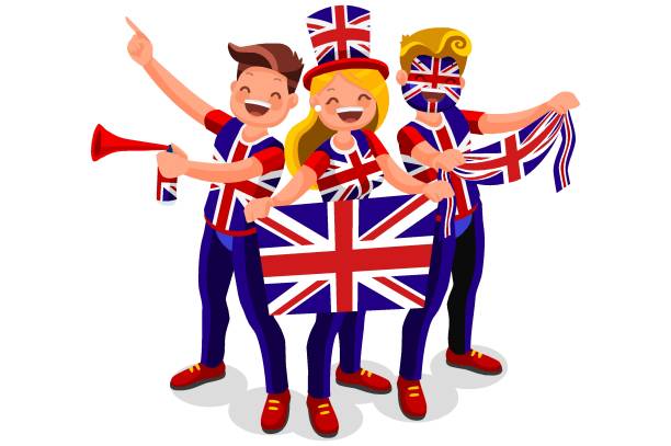 ilustraciones, imágenes clip art, dibujos animados e iconos de stock de bandera del reino unido español personas día del reino unido - fan england british culture english culture
