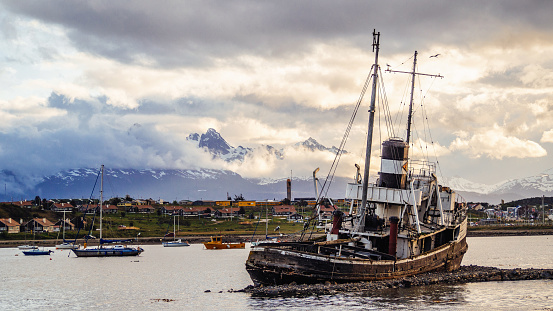 Grounded old boat in Ushuaia harbor. Ushuaia is the southernmost city in the world.