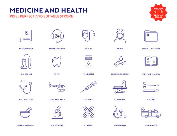 illustrations, cliparts, dessins animés et icônes de ensemble d’icônes de médecine et de santé avec course modifiable et pixel perfect. - manual operation