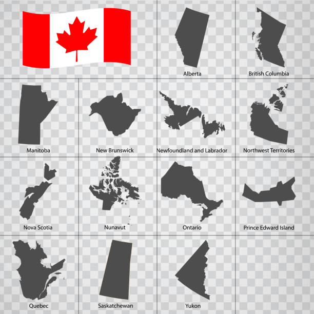 ilustrações, clipart, desenhos animados e ícones de treze províncias de mapas do canadá - ordem alfabética com nome. cada mapa da província são listados e isolados com textos e títulos. canadá. eps 10. - canadian icon