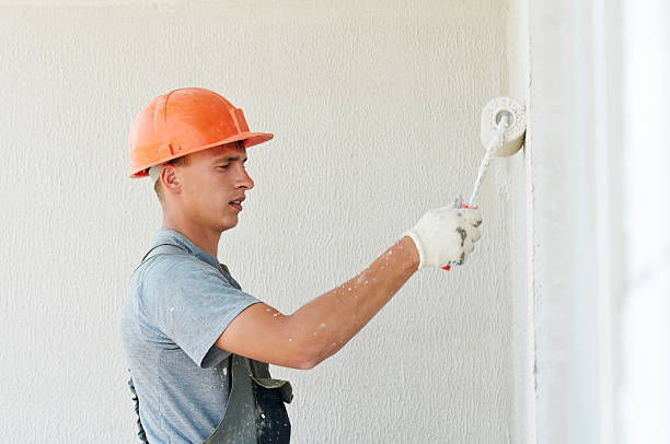 builder facade plasterer worker Young painting facade builder worker with roller at thermal insulation works steeplejack stock pictures, royalty-free photos & images