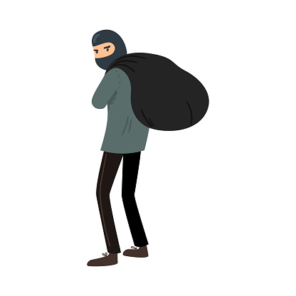 Thief In A Black Mask With A Bag Of Loot Vector Illustration In Flat Cartoon  Style Stock Illustration - Download Image Now - iStock