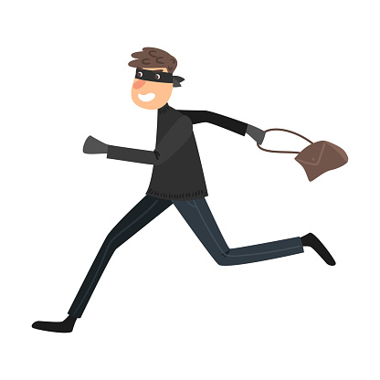 Running Thief In A Black Mask With The Stolen Handbag Vector Illustration  In Flat Cartoon Style Stock Illustration - Download Image Now - iStock