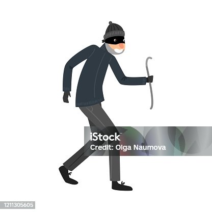 istock Sneaking thief in black clothes standing with the crowbar in hand. Vector illustration in flat cartoon style. 1211305605
