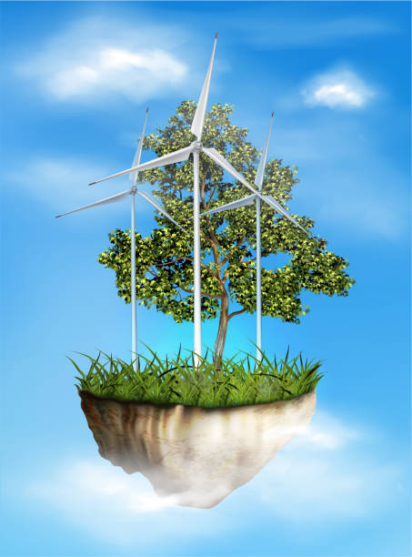istock Windmill for energy. A tree on a piece of the island. Vector illustration. 1211305869