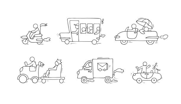 ilustraciones, imágenes clip art, dibujos animados e iconos de stock de sketch set con coches lindos y personas - car child teamwork sports race