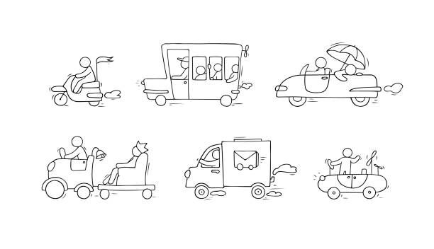 zestaw szkiców z uroczymi samochodami i ludźmi - car child teamwork sports race stock illustrations
