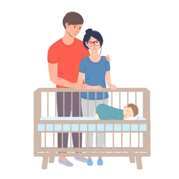Vector illustration of Mother and father watching at sleeping baby