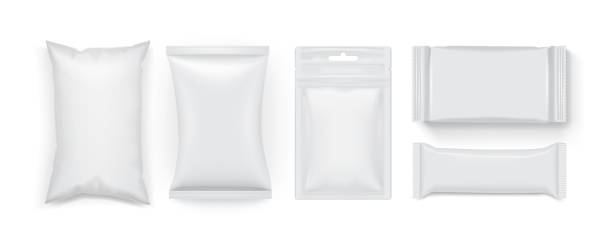흰색 배경 모형 템플릿에 격리 된 다른 흰색 식품 포장의 컬렉션 - white black plastic packaging stock illustrations