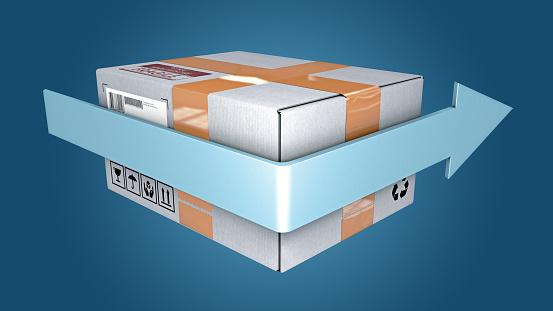 Cardboard parcels or shipping carton with circulating arrow - 3d illustration