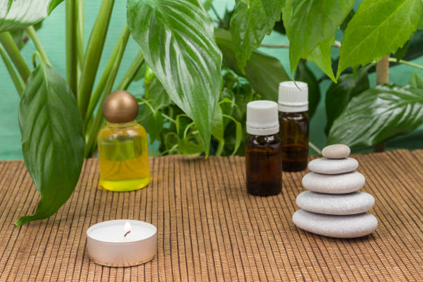 istock Spa Relax concept. Stone balance pyramid and green leaves. 1211307790