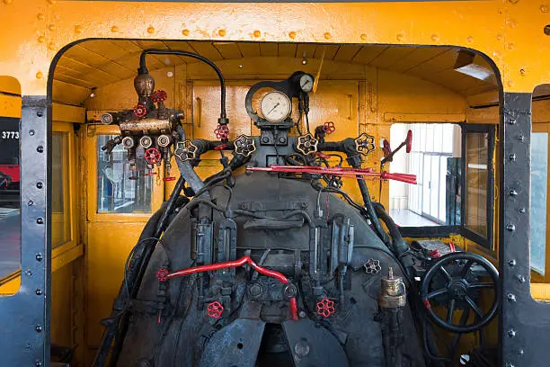 Photo of Engine room detail of a steam locomotive