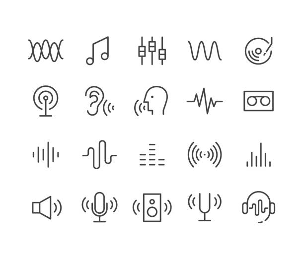 ilustraciones, imágenes clip art, dibujos animados e iconos de stock de iconos de sonido - serie de líneas clásicas - grabado objeto fabricado