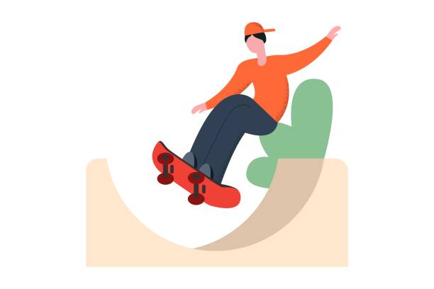 istock Active teenage male skateboarder riding on skateboard at skatepark vector flat illustration 1211311041
