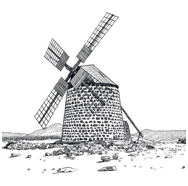 ilustraciones, imágenes clip art, dibujos animados e iconos de stock de dibujo de un antiguo molino de viento - windmill architecture traditional culture mill