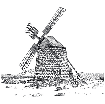 Vector drawing of traditional windmill in Fuerteventura, Canary Islands