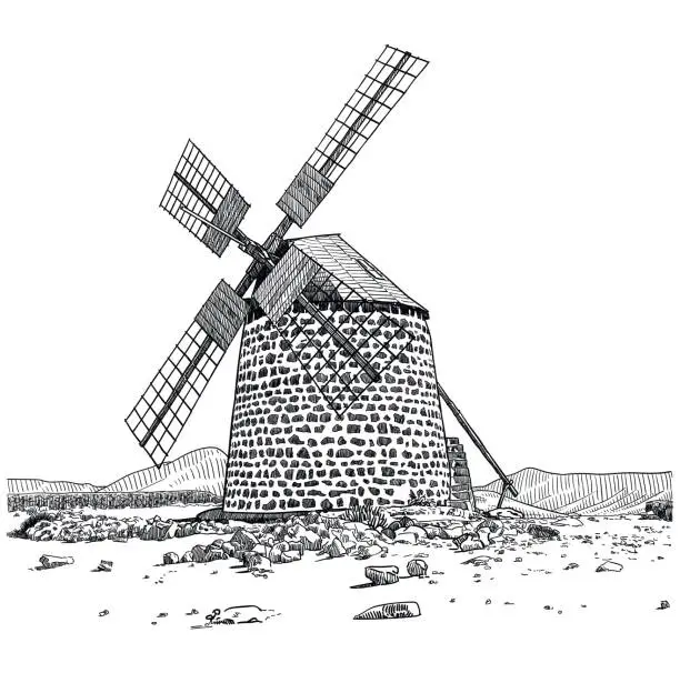Vector illustration of Drawing of an old windmill