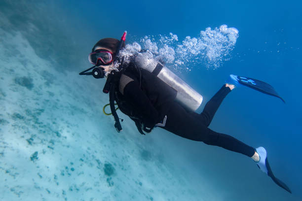 istock Young caucasian diver swims in blue sea 1211312610