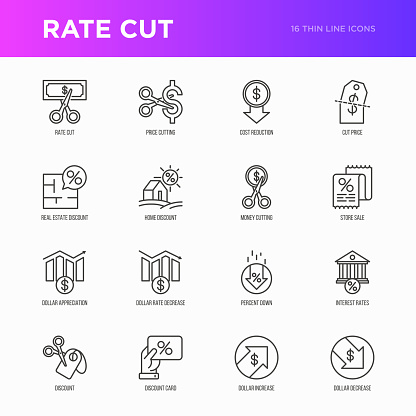Rate cut thin line icon set: cutting price, cost reduction, sale, discount, receipt, loyalty card, interest. Modern vector illustration.