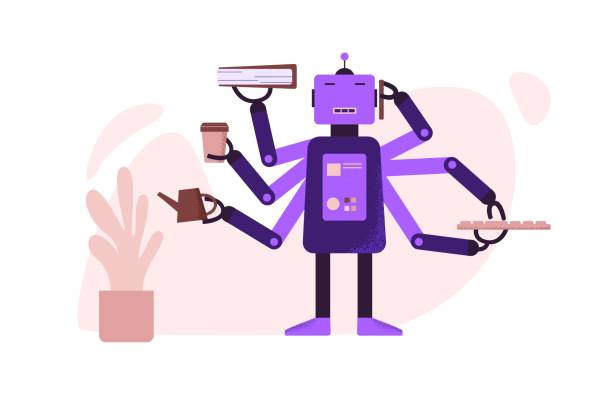 Cartoon robot with AI on work at office vector flat illustration Cartoon robot with AI on work at office vector flat illustration. Cybernetic Artificial Intelligence automates office daily routine isolated on white. Robotics arms at production process cartoon of the mobile phone charger stock illustrations