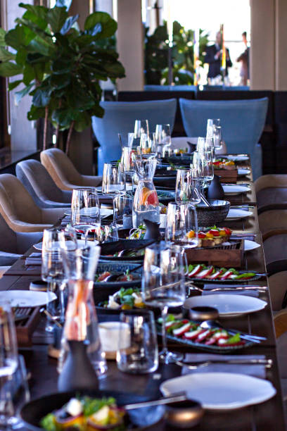 istock Served dinner table in a beautiful, expensive restaurant 1211314851