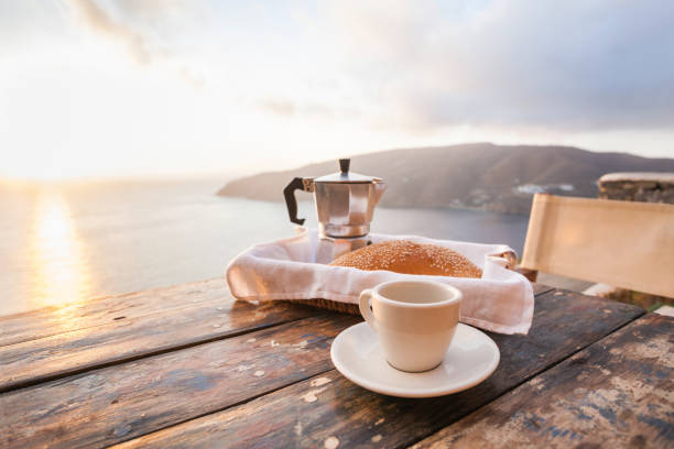 istock Mediterranean breakfast, coffee and sea view 1211317182
