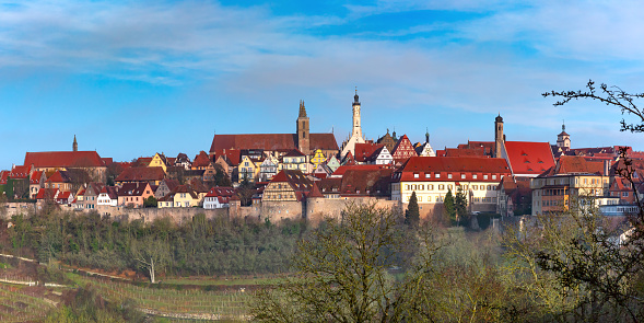Aerial panoramic view of town wall, quaint colorful facades and roofs of medieval old town of Rothenburg ob der Tauber, Bavaria, Germany