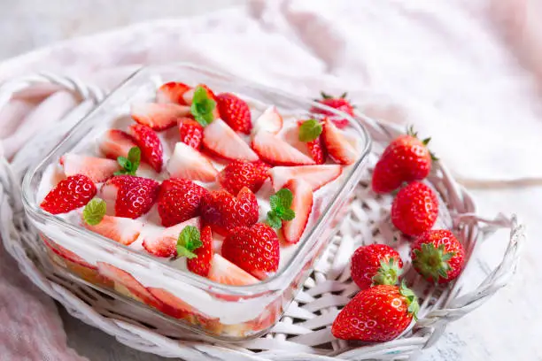 Dessert with strawberries and whipped cream on a white background