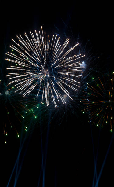 istock Colorful fireworks on the black sky background. 1211319474