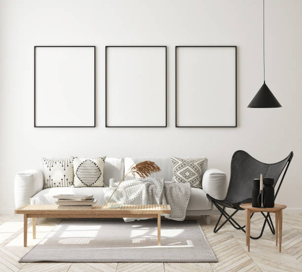 istock mock up poster frame in modern interior background, scandinavian style, 3D render 1211319499