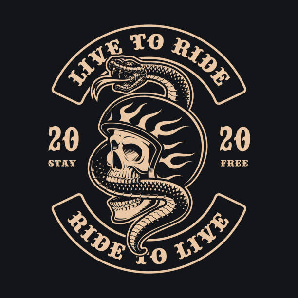 ilustrações de stock, clip art, desenhos animados e ícones de black and white illustration of a biker skull with a snake - country and western music illustrations