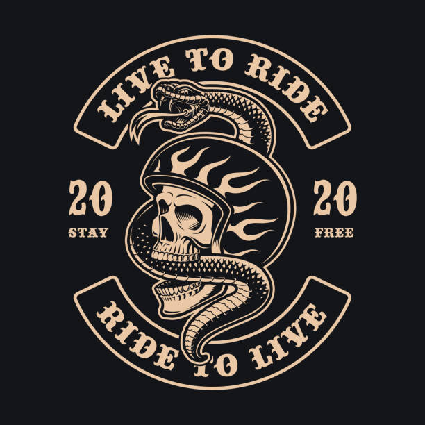 Black and white illustration of a biker skull with a snake Black and white illustration of a biker skull with a snake on the dark background, perfect for apparel design and many other uses. biker stock illustrations