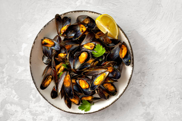 istock Healthy mussels in white plate on light gray background 1211320278
