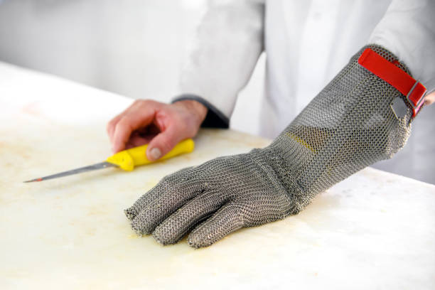 Chain mail metal butchers protective glove stock photo
